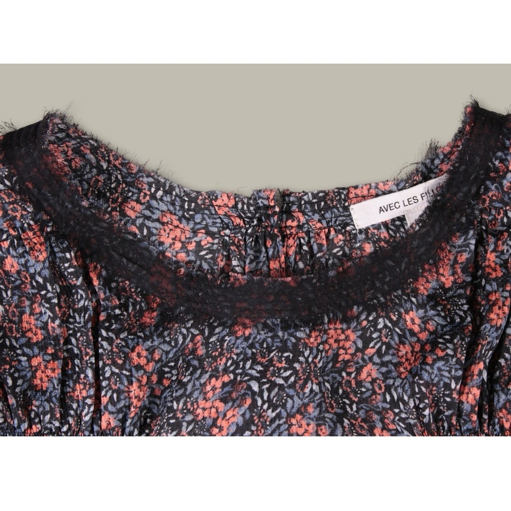 Avec Les Filles Floral Lace Trim Ruched Sleeve Blouse M Navy Coral Boho Chic Top - Picture 3 of 9